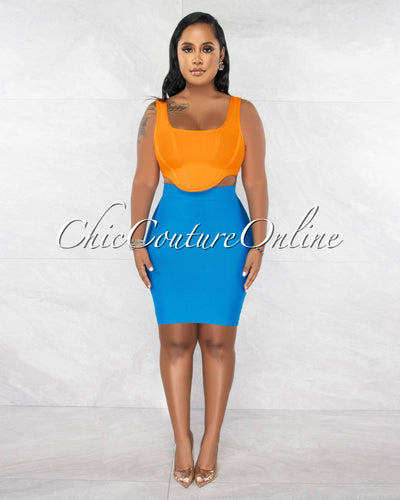 *Norman Orange Crop Top & Blue Skirt Bandage Set