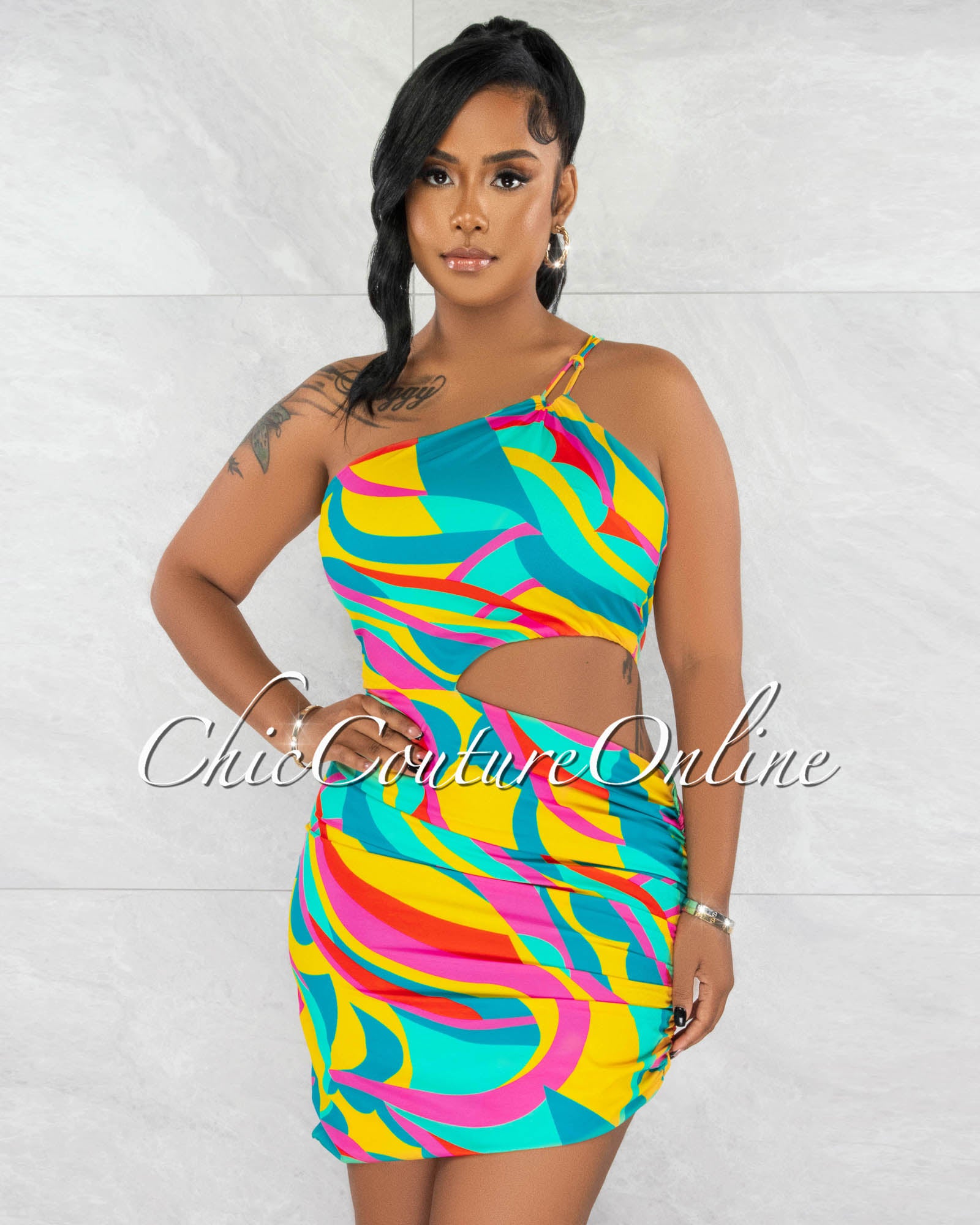 *Charisse Green Multi-Color Print Single Shoulder Mini Dress