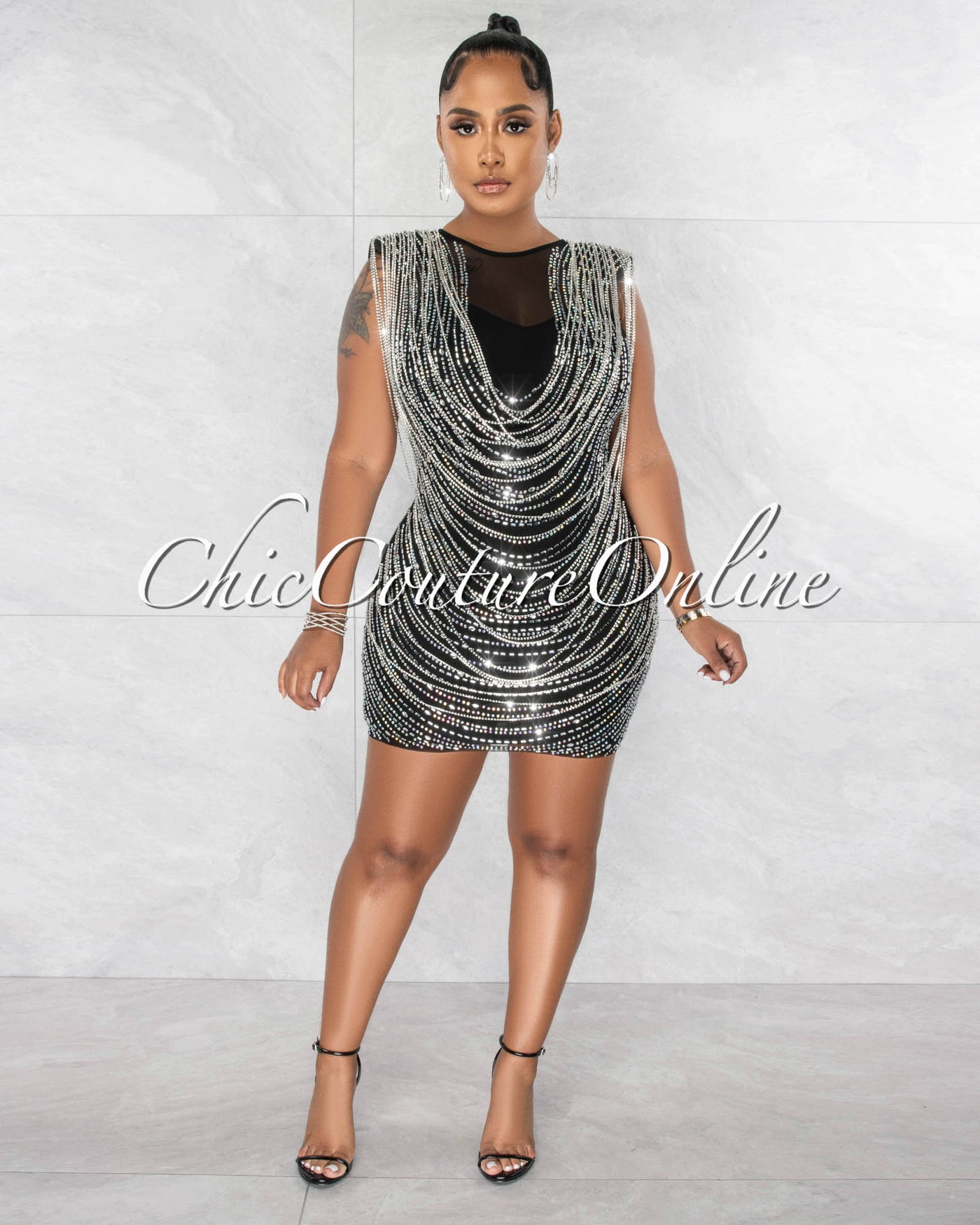 Clarence Black Silver Rhinestones Mesh Mini Dress