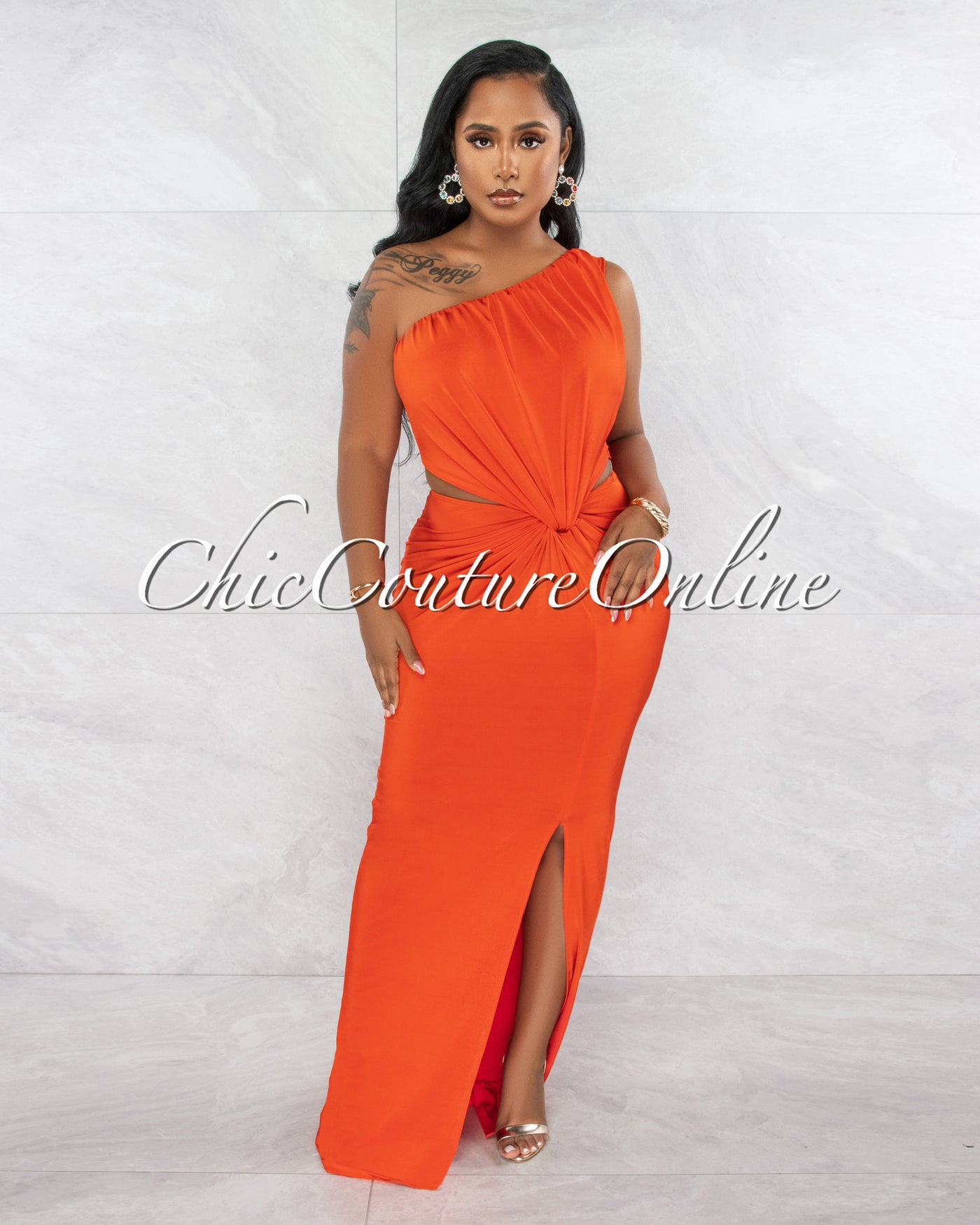 *Odessa Orange Single Shoulder Cut-Out Draped Maxi Dress