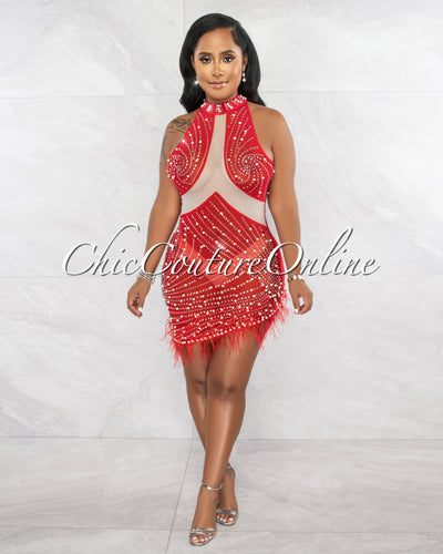 *Belita Red Rhinestones Pearls & Feathers Mesh Mini Dress