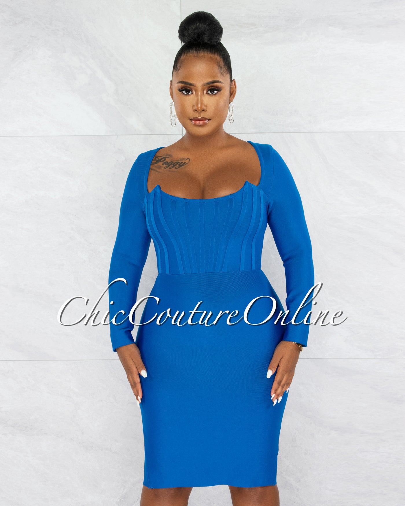 Driana Royal Blue Corset Style Bandage Midi Dress