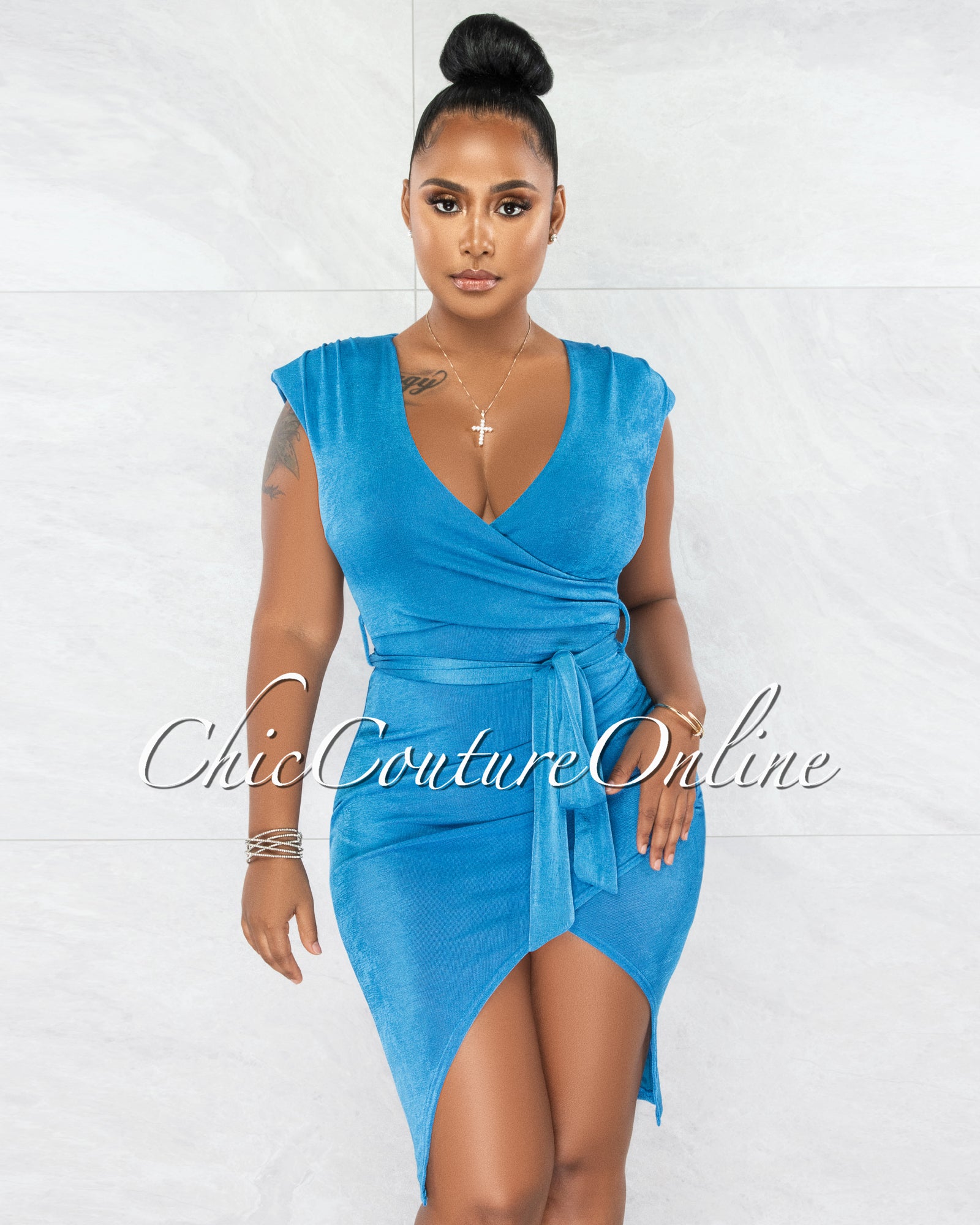 *Marinette Turquoise Draped Side Slit Dress