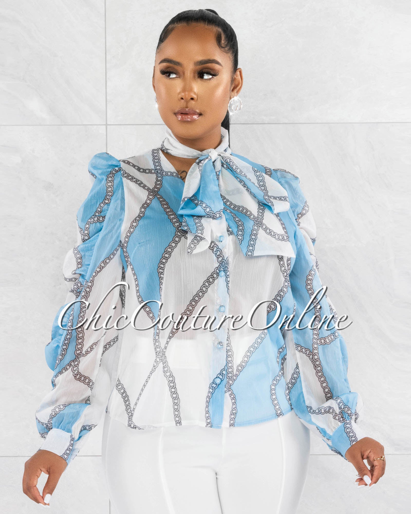 Perlace Baby Blue Shimmer Long Ruffle Sleeves Sheer Shirt