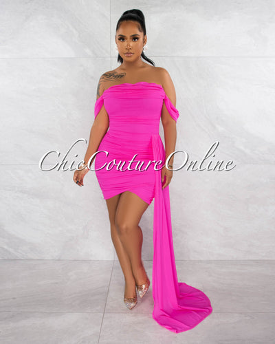 Cammy Hot Pink Ruched Mesh Off-The Shoulders Train Dress