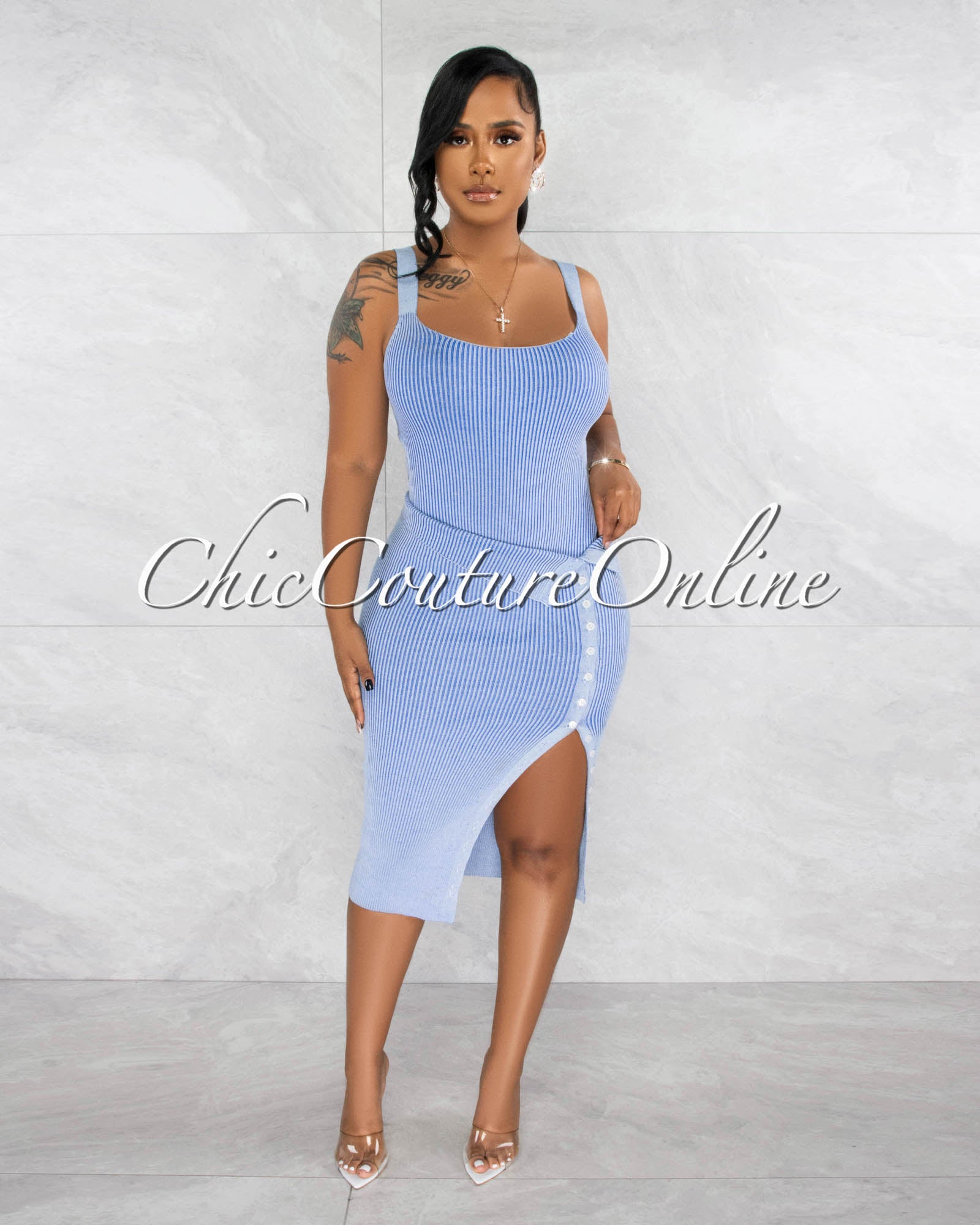 Guerda Blue Ribbed Open Back Bodysuit & Midi Skirt Set