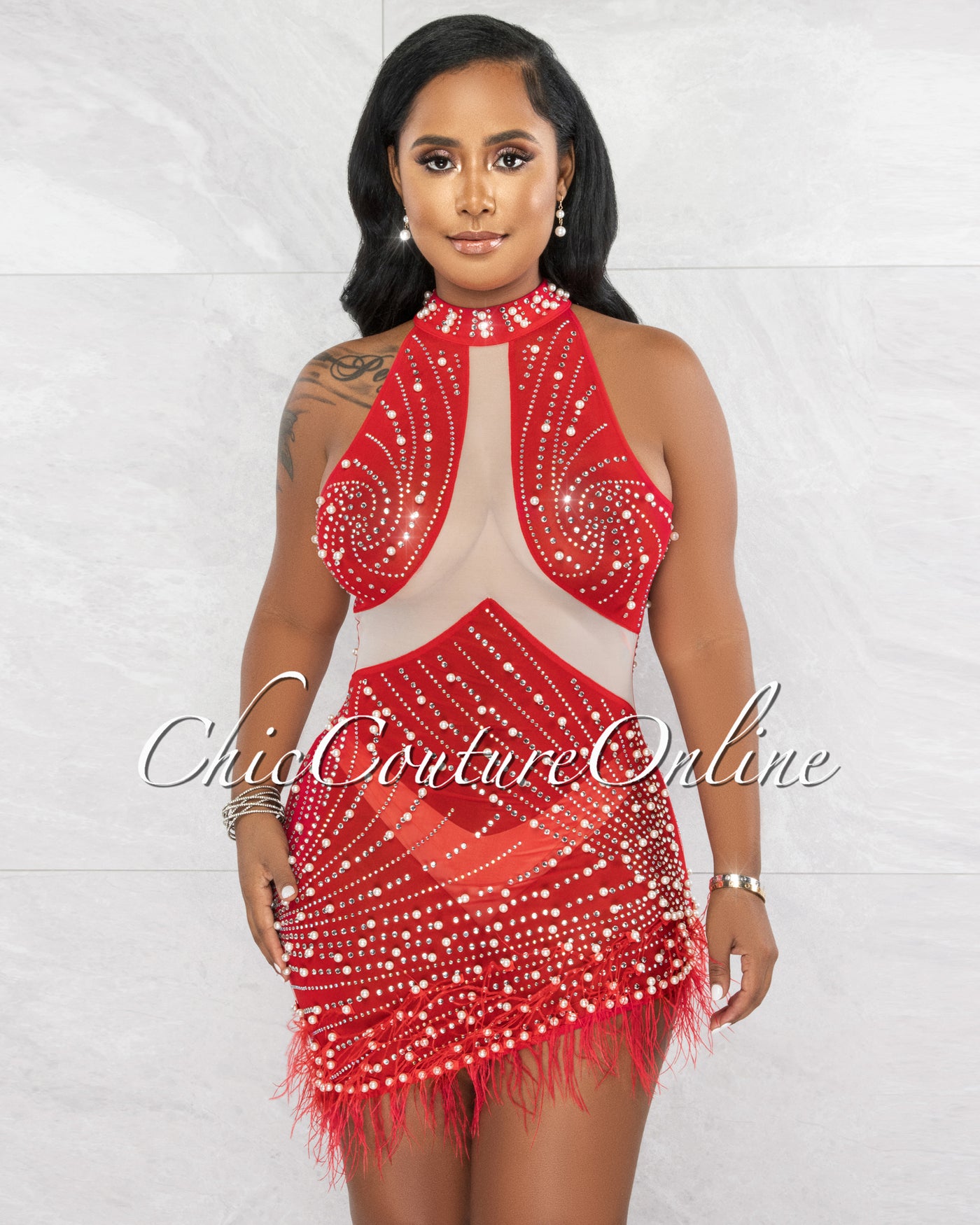 *Belita Red Rhinestones Pearls & Feathers Mesh Mini Dress