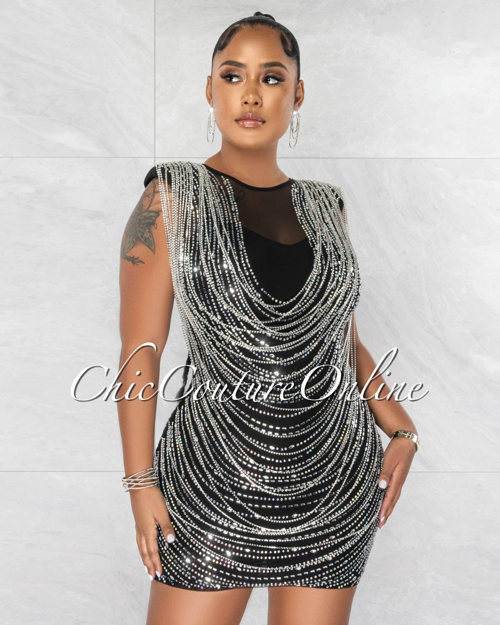*Clarence Black Silver Rhinestones Mesh Mini Dress