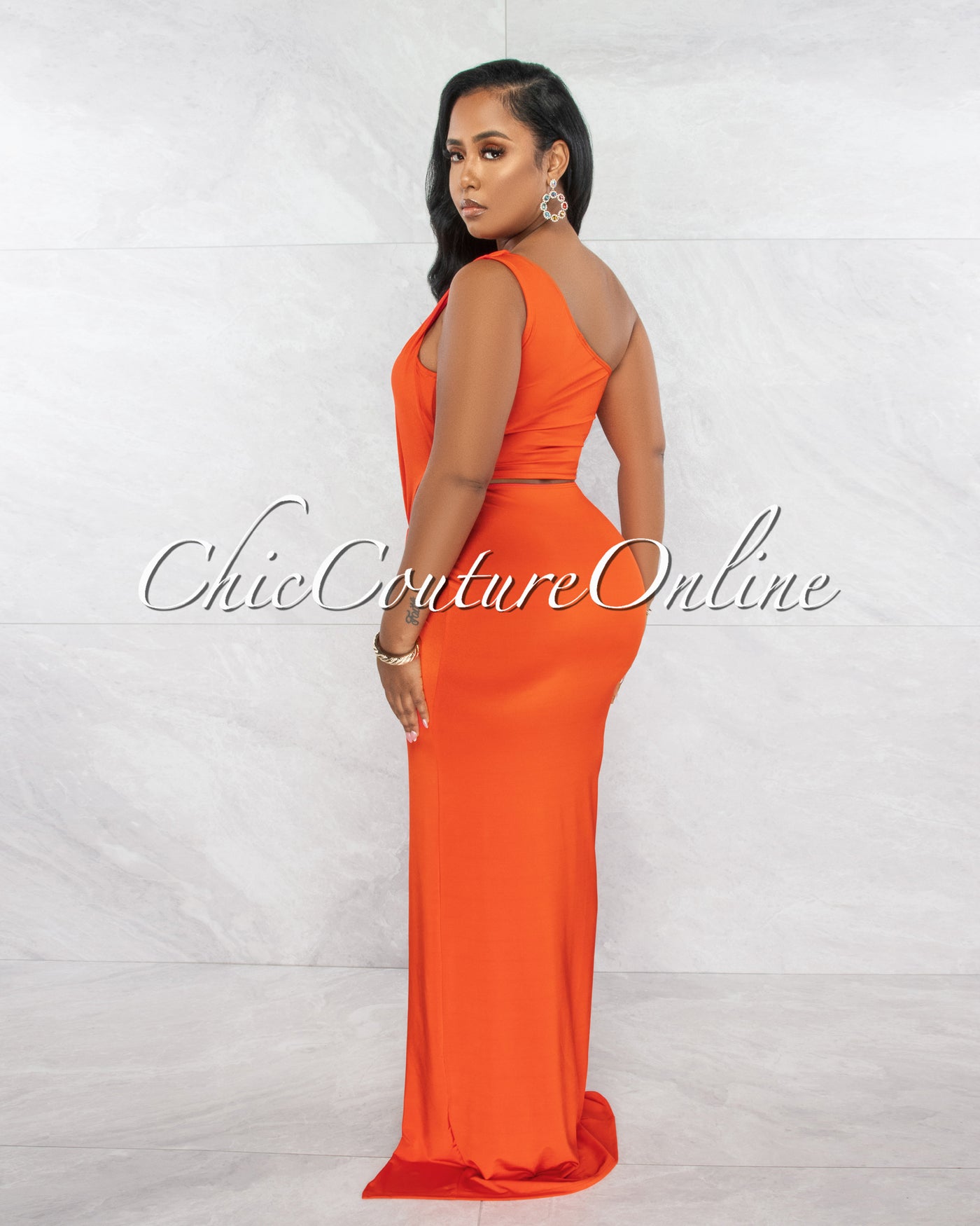 *Odessa Orange Single Shoulder Cut-Out Draped Maxi Dress