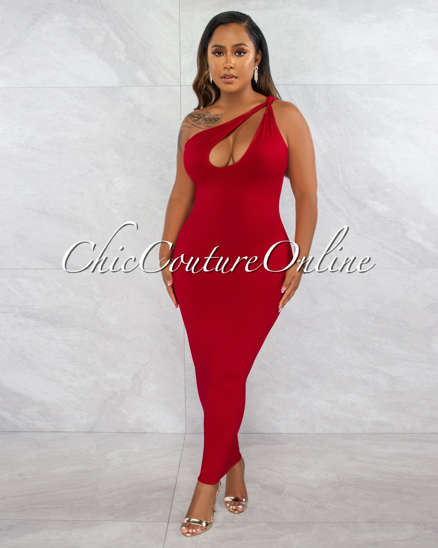 Facundo Red Single Shoulder Cut-Out Double Lined Maxi Dress