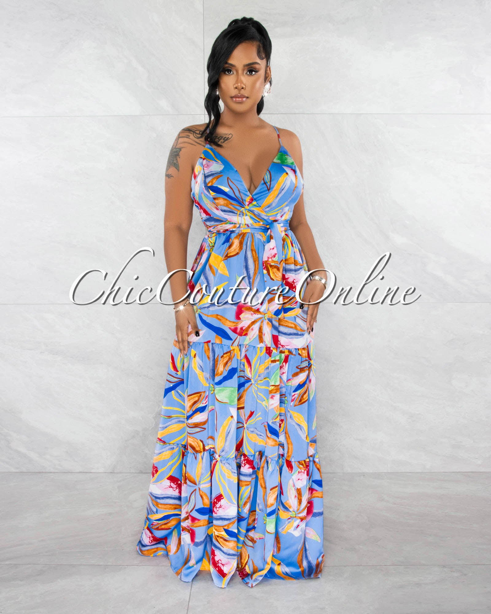 Poetry Periwinkle Floral Print Silky Low Back Maxi Dress