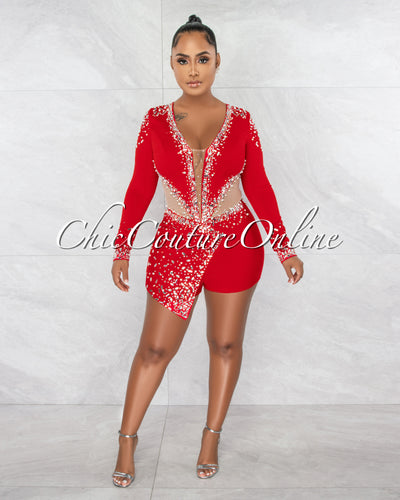 *Sebban Red Rhinestones Mesh Accent Romper