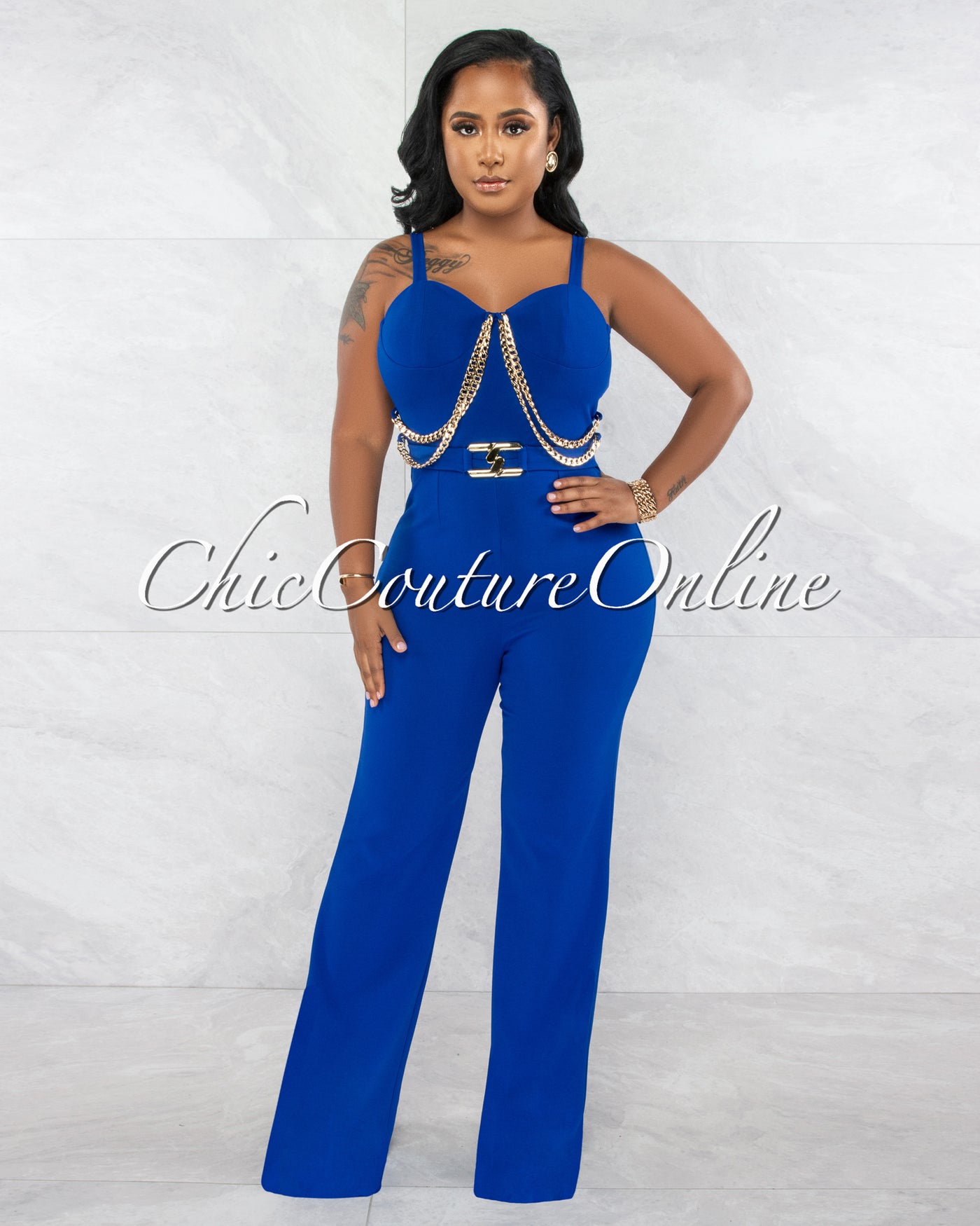 Nolanie Royal Blue Gold Link & Buckle Accent Jumpsuit