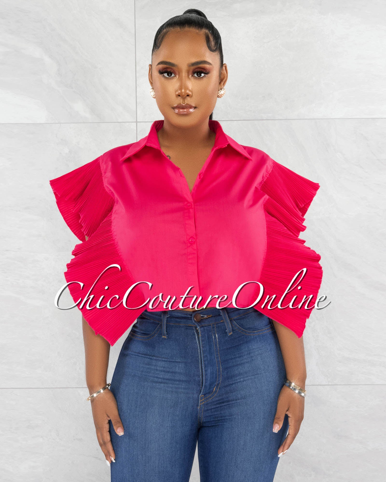 *Perdita Fuchsia Origami Statement Sleeves Crop Blouse