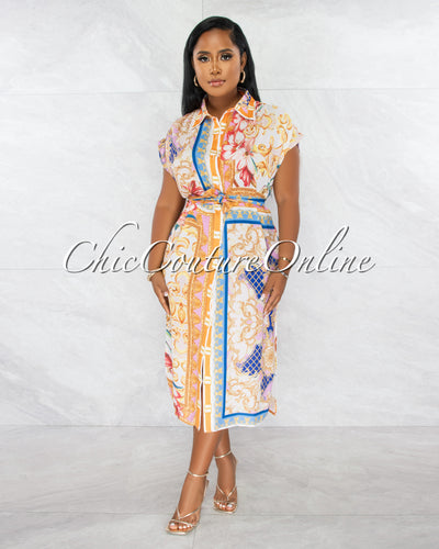 Morag Ivory Multi-Color Print Self-Tie Belt Shirt Dress
