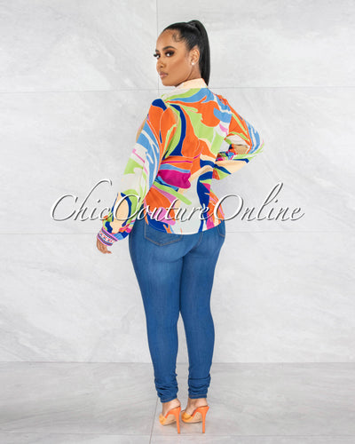 Melody Multi-Color Print Buttoned Long Sleeves Sheer Shirt
