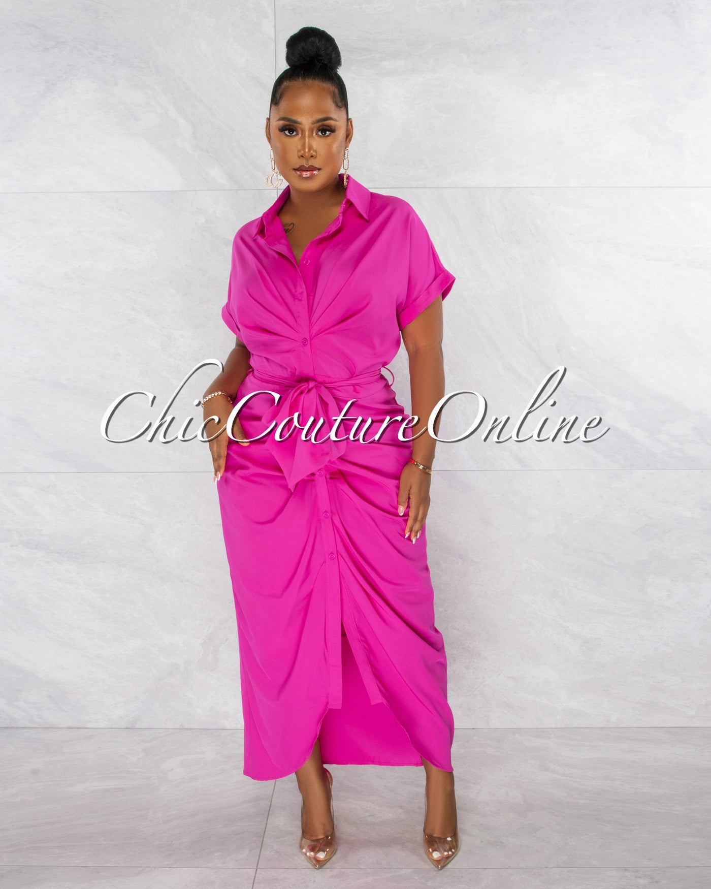 Rodrigo Fuchsia Draped Front Tie Shirt Maxi Dress