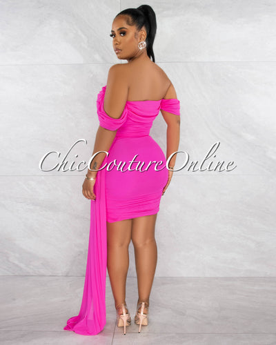 Cammy Hot Pink Ruched Mesh Off-The Shoulders Train Dress