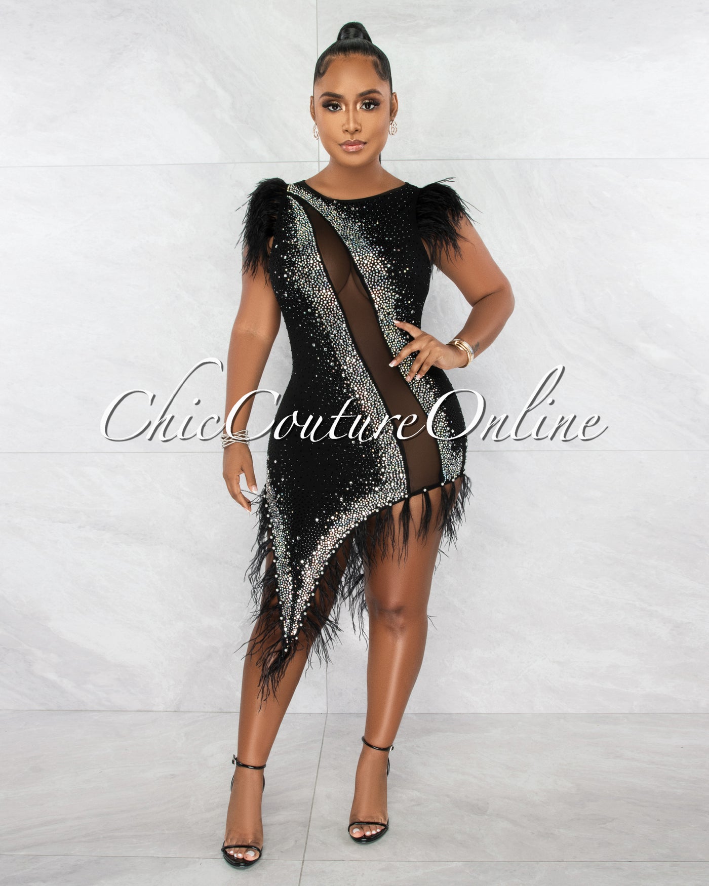 Miley Black Silver Rhinestones Feathers Asymmetrical Dress