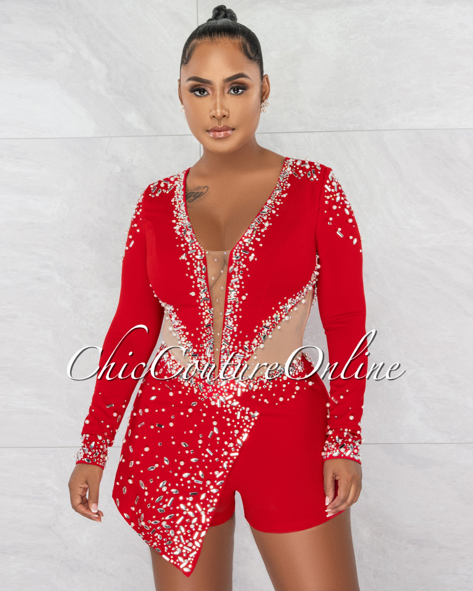 *Sebban Red Rhinestones Mesh Accent Romper