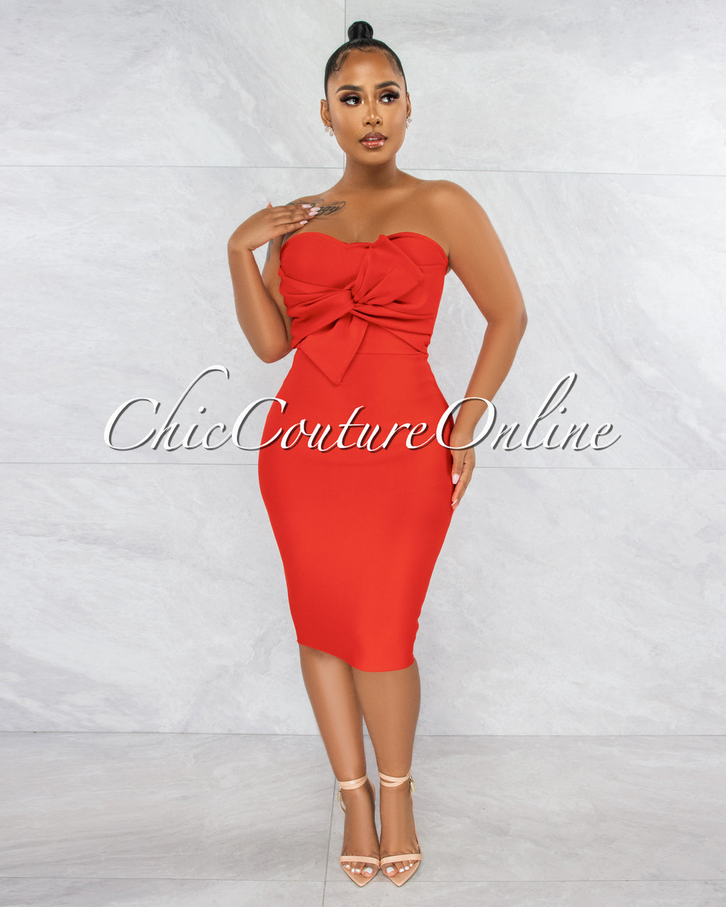 Merlinda Red Bow Accent Bandage Strapless Dress