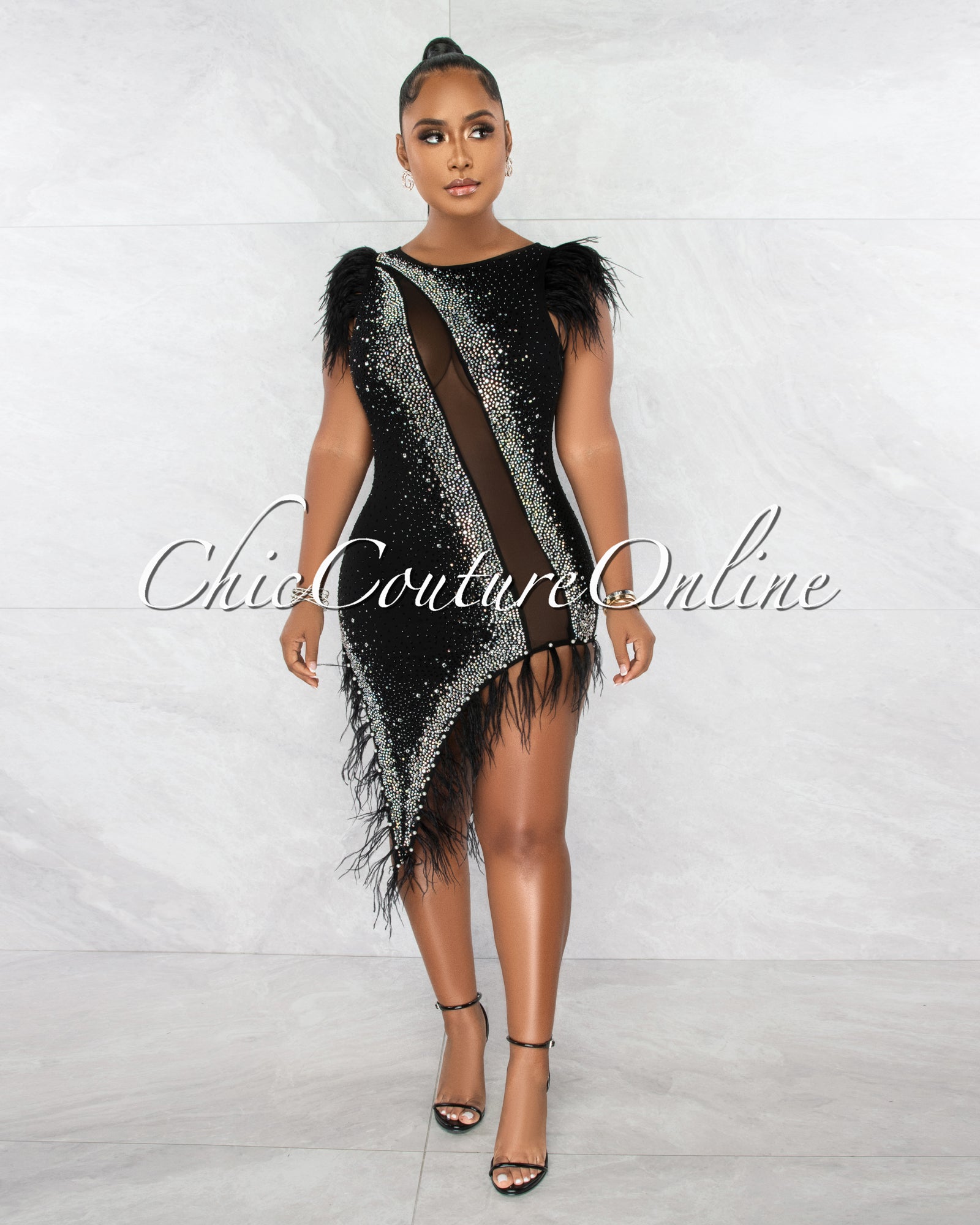 Miley Black Silver Rhinestones Feathers Asymmetrical Dress
