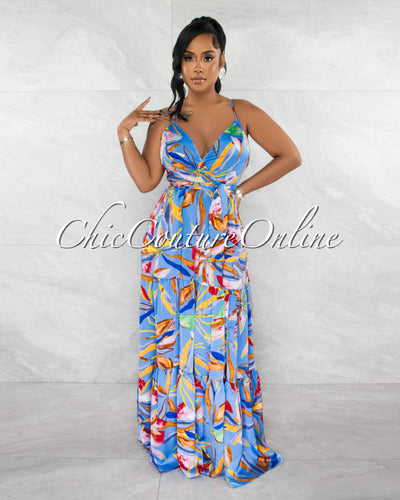 Poetry Periwinkle Floral Print Silky Low Back Maxi Dress