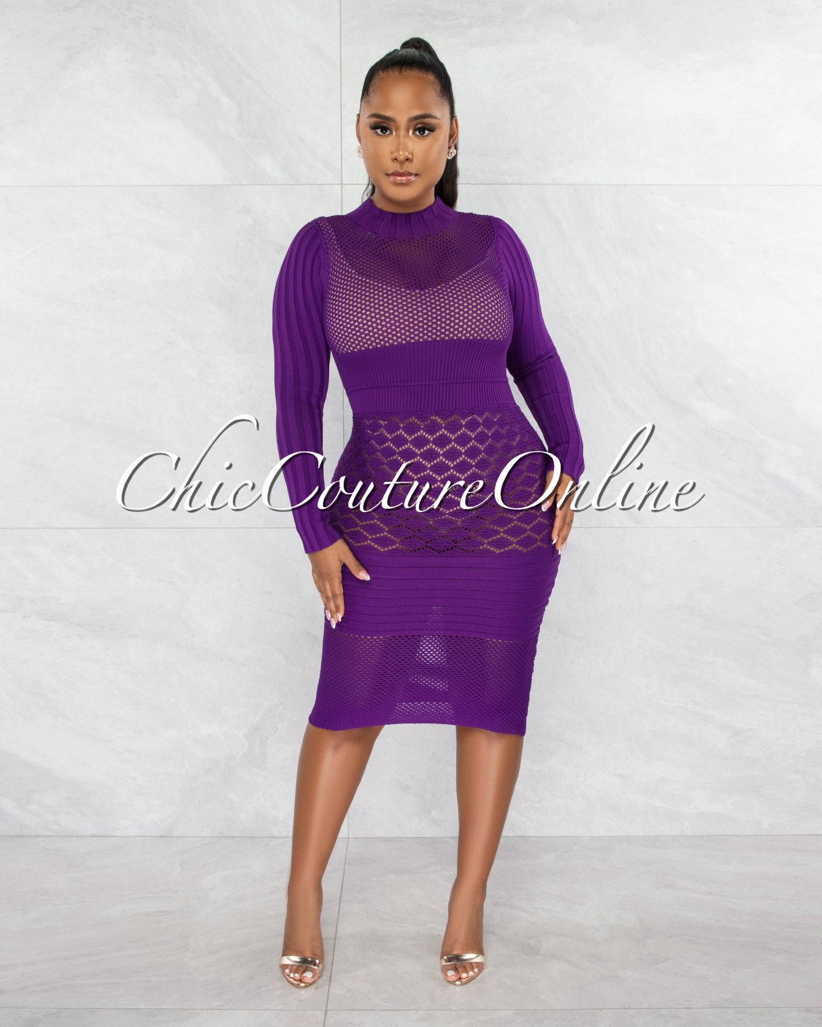 *Orbel Purple Knit See-Thru Midi Dress