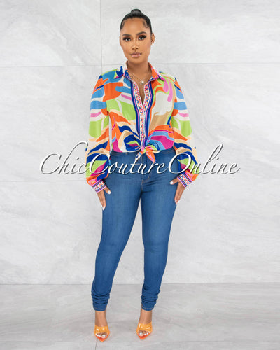 Melody Multi-Color Print Buttoned Long Sleeves Sheer Shirt