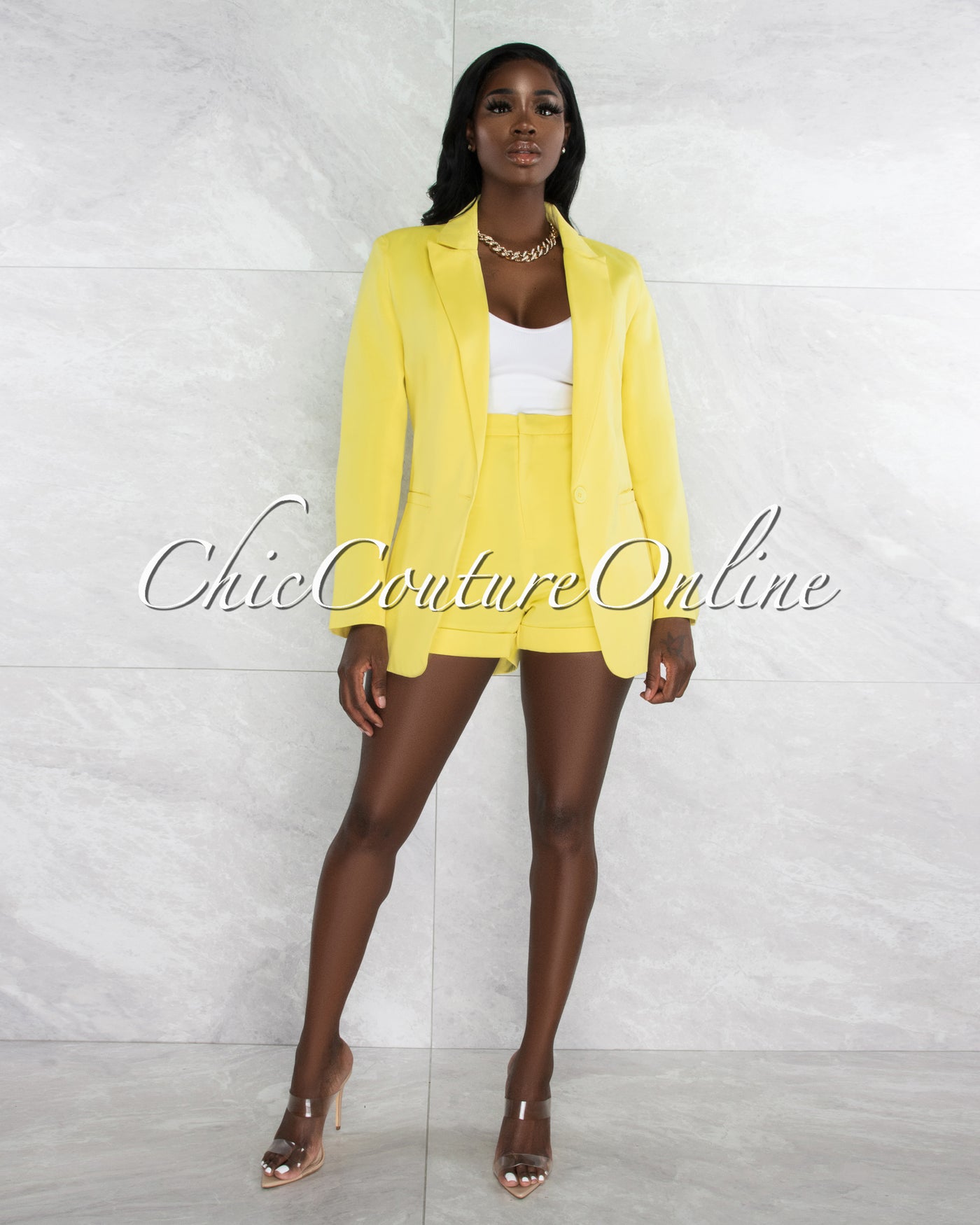 *Nichelle Yellow Buttoned Long Blazer & Shorts Set