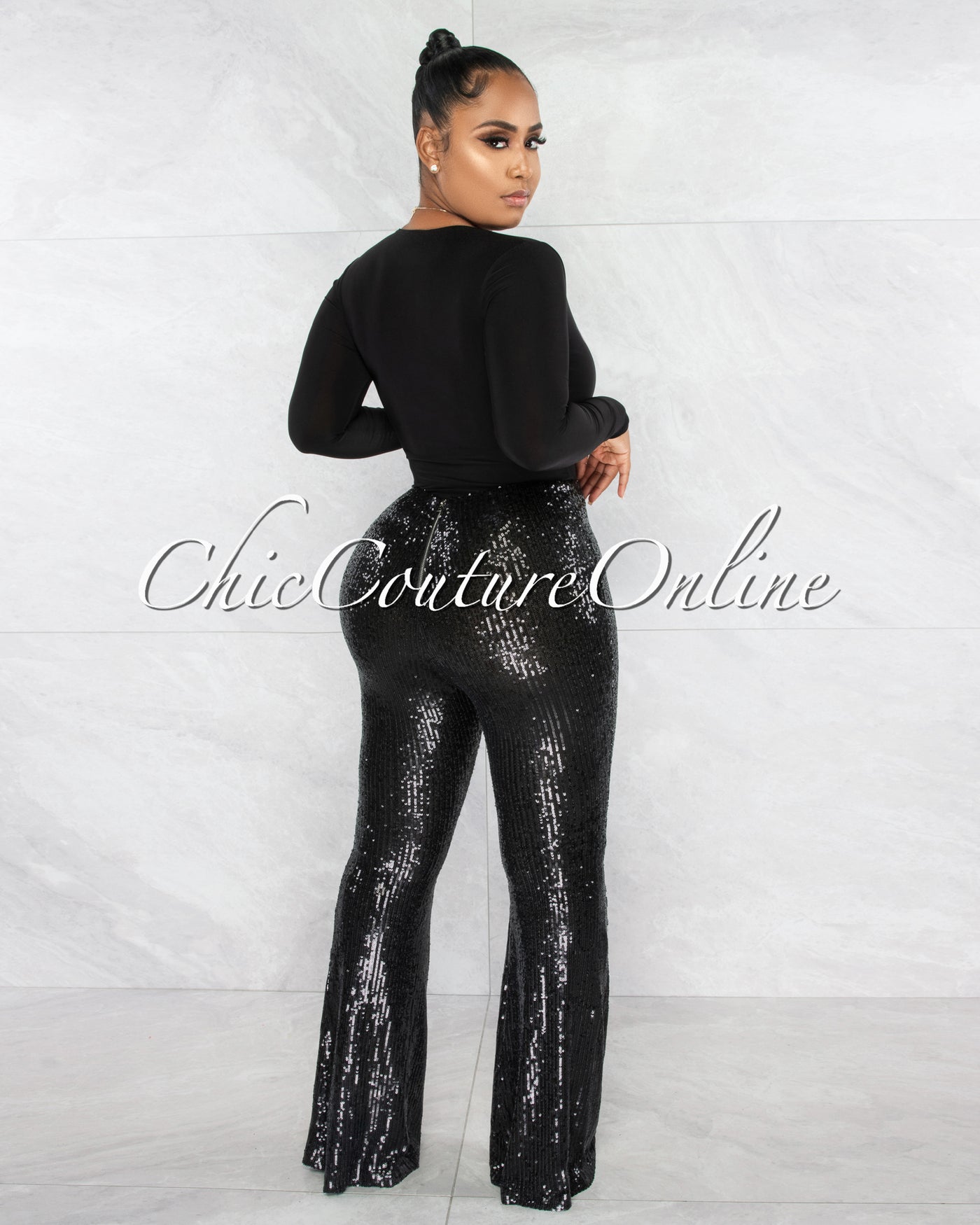 *Adael Black Sequins Bell Legs Pants