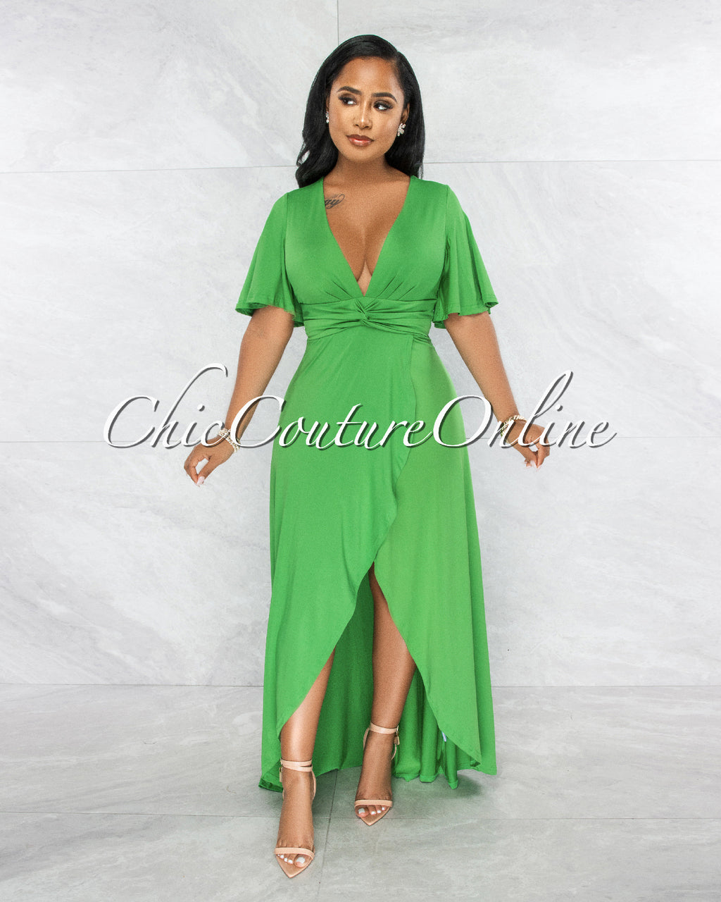 *Mavis Kelly Green Knot Waist Front Slit Maxi Dress