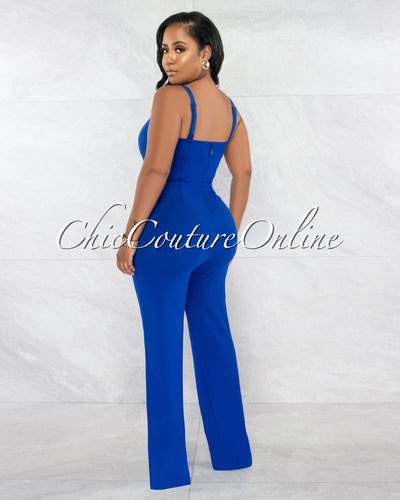 *Nolanie Royal Blue Gold Link & Buckle Accent Jumpsuit