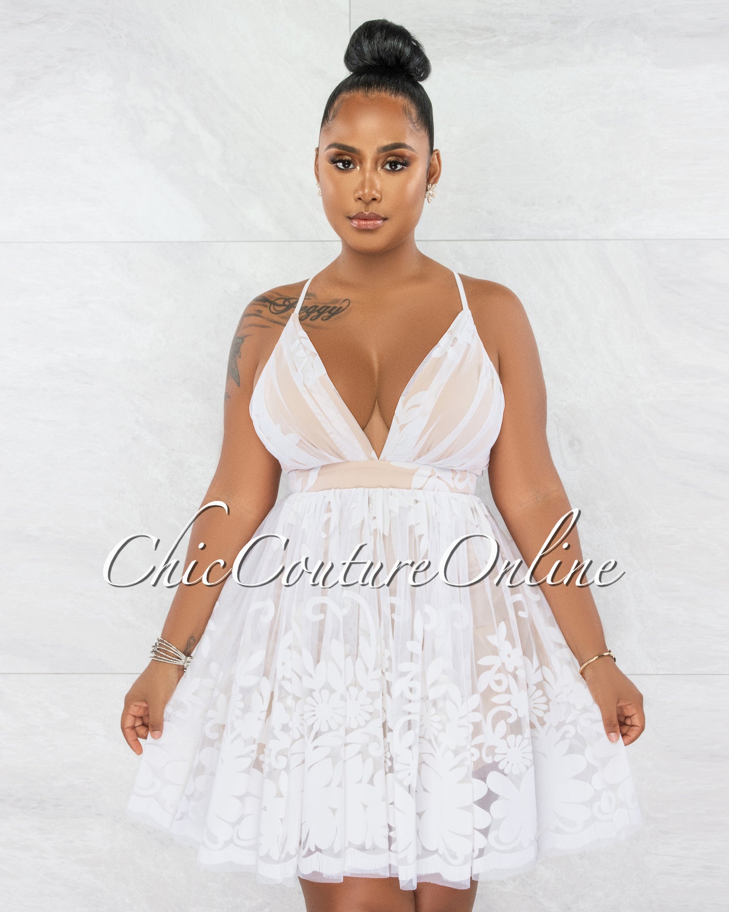 *Vicky Off-White Nude Low Neckline Short Skater Dress