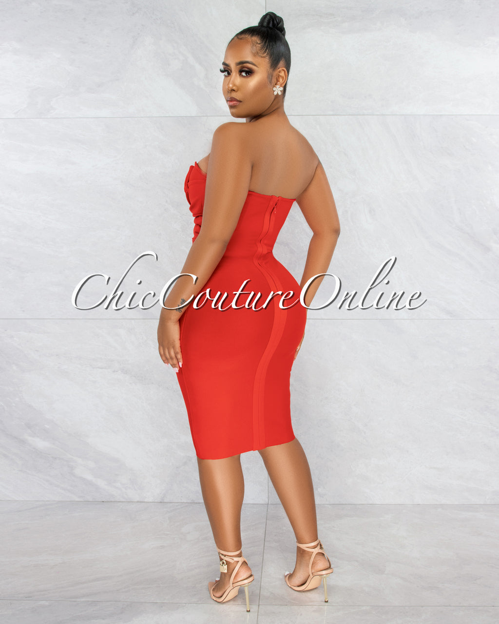Merlinda Red Bow Accent Bandage Strapless Dress