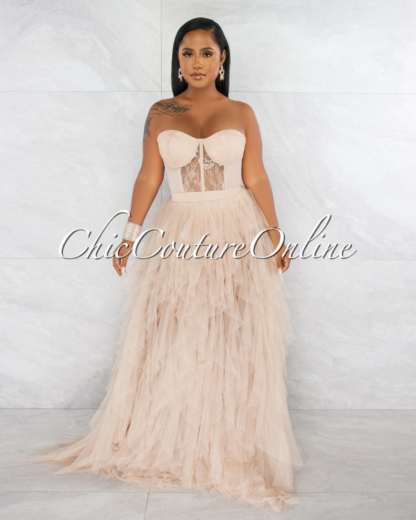 Andreina Nude Lace Top Tulle Ruffles Maxi Dress