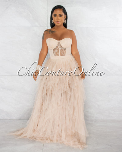 Andreina Nude Lace Top Tulle Ruffles Maxi Dress