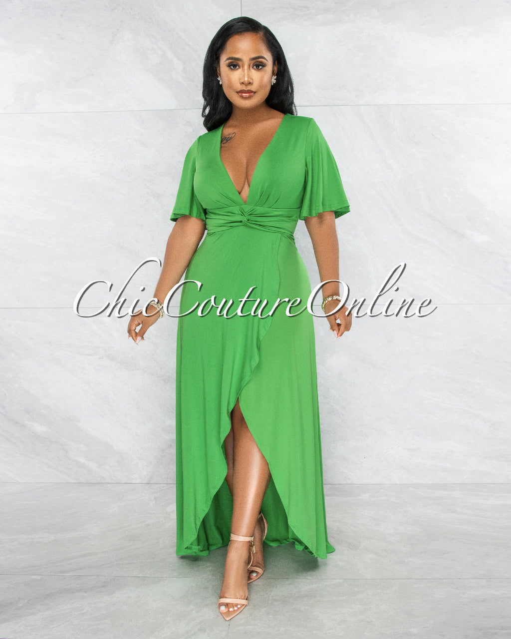 Mavis Kelly Green Knot Waist Front Slit Maxi Dress – Chic Couture Online