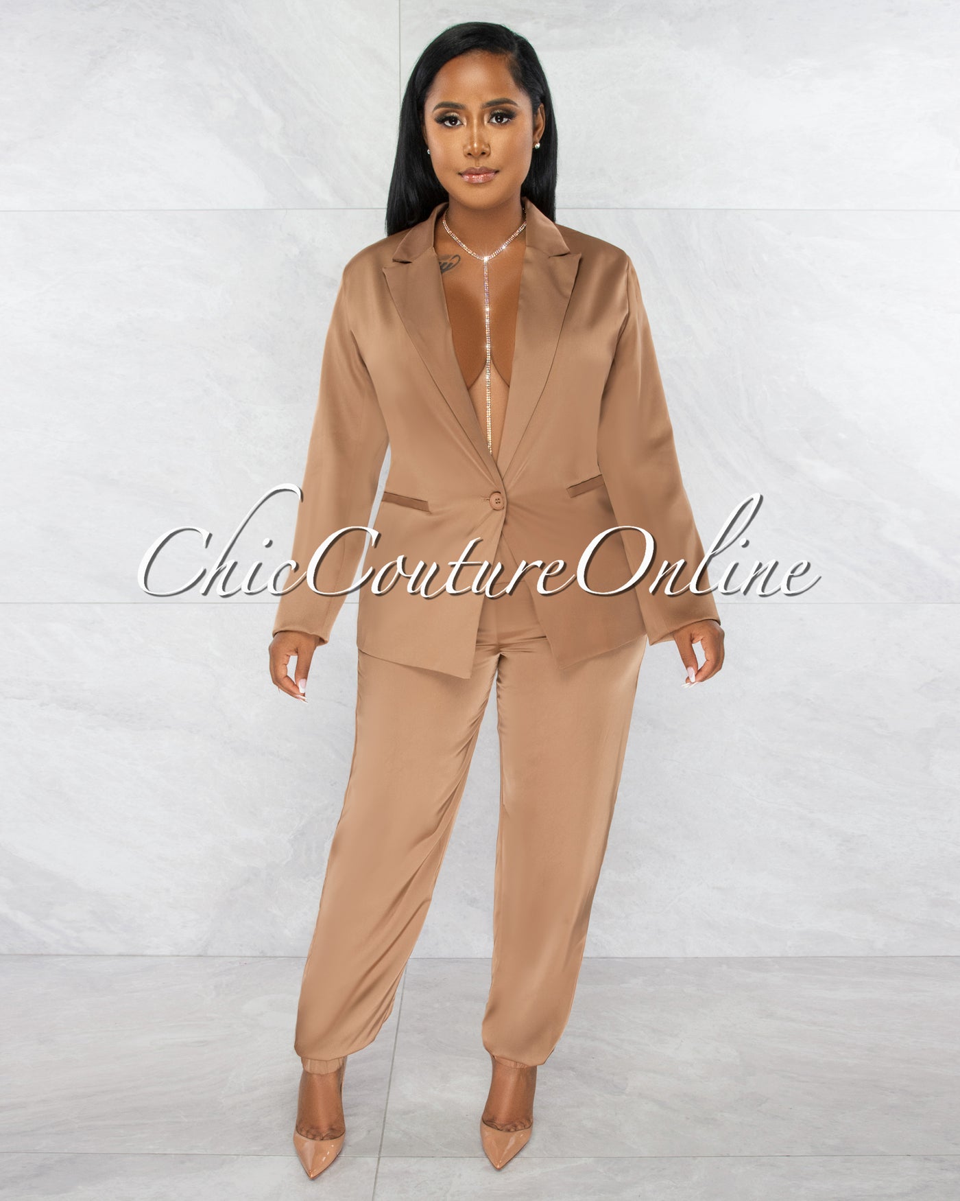 *Esparza Brown Blazer & Jogger Pants Silky Set