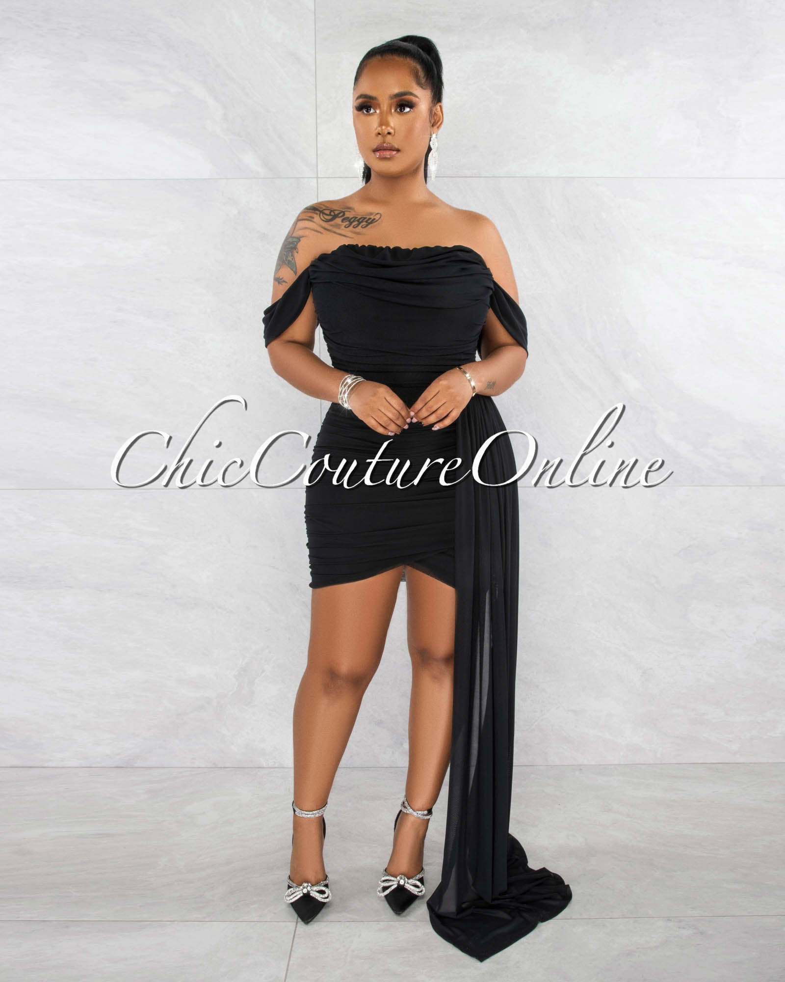 *Cammy Black Ruched Mesh Off-The Shoulders Train Dress
