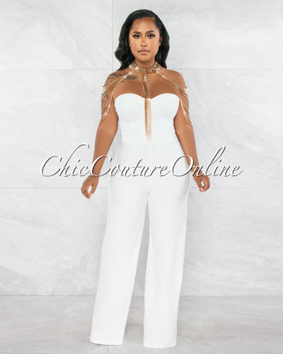 Gladwin Off-White Gold Collar Accent Strapless Jumpsuit