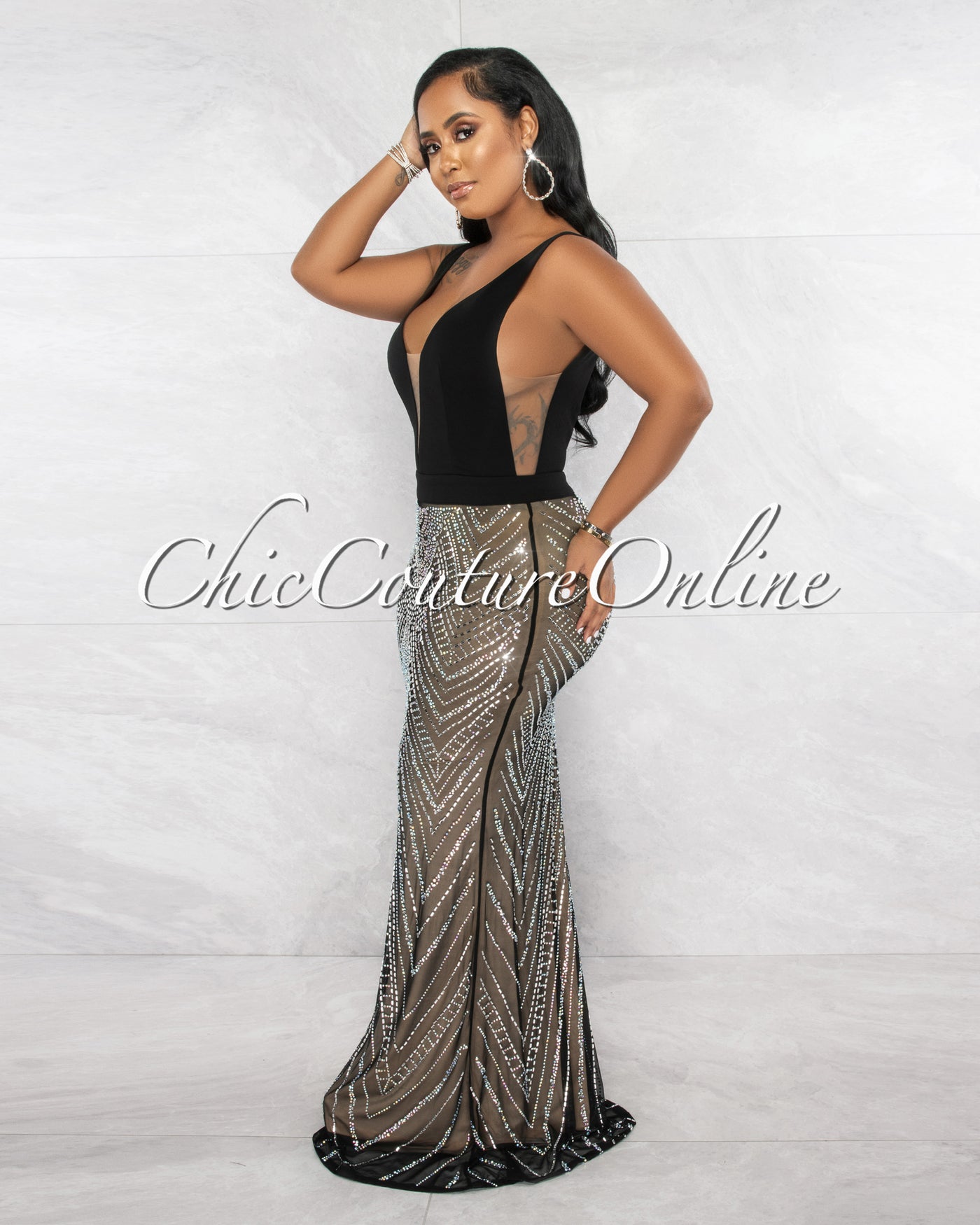 *Roxxy Black Top Nude Illusion Rhinestones Hem Maxi Dress