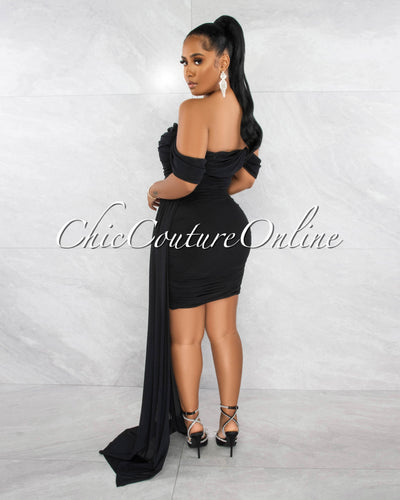 Cammy Black Ruched Mesh Off-The Shoulders Train Dress