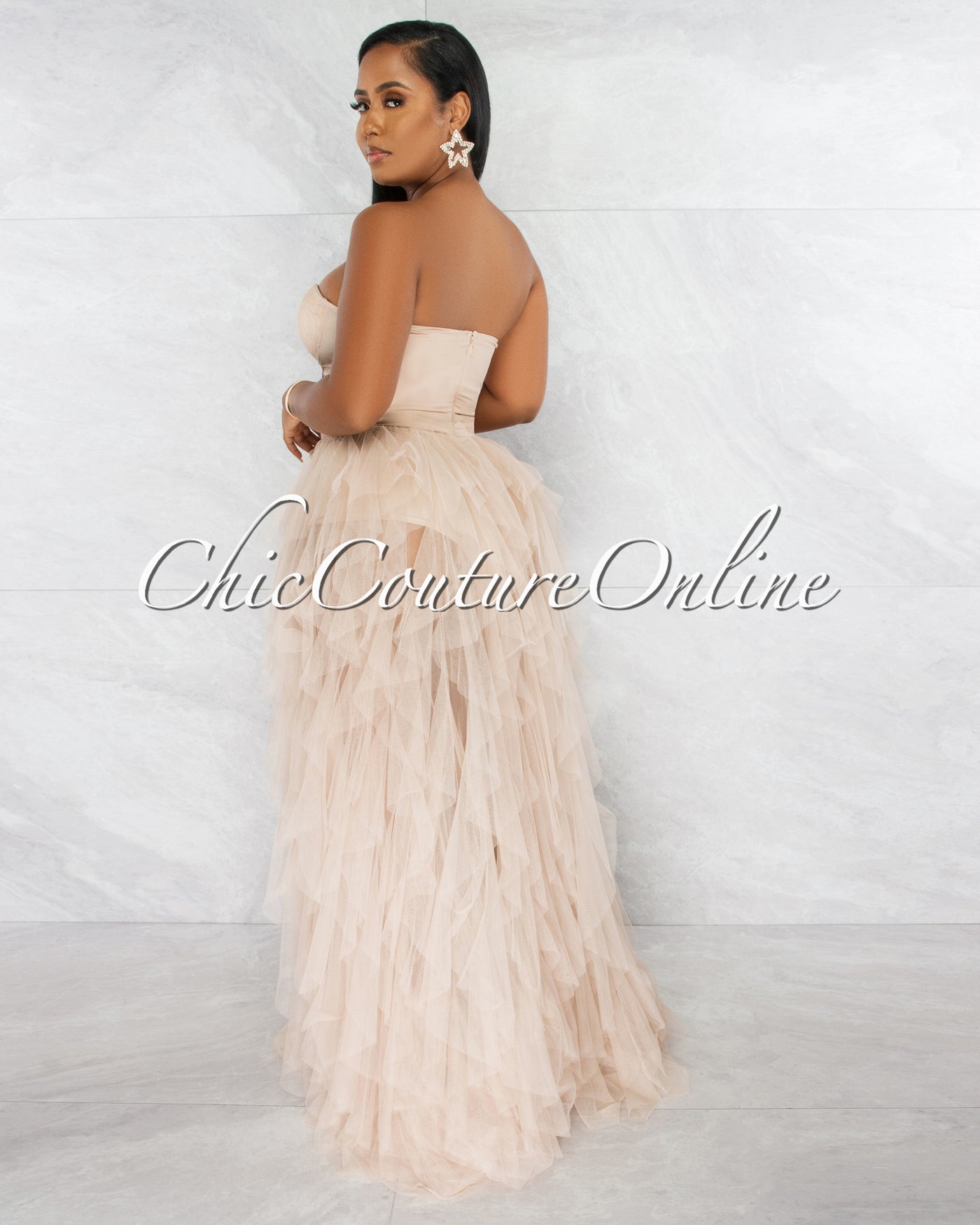 Andreina Nude Lace Top Tulle Ruffles Maxi Dress