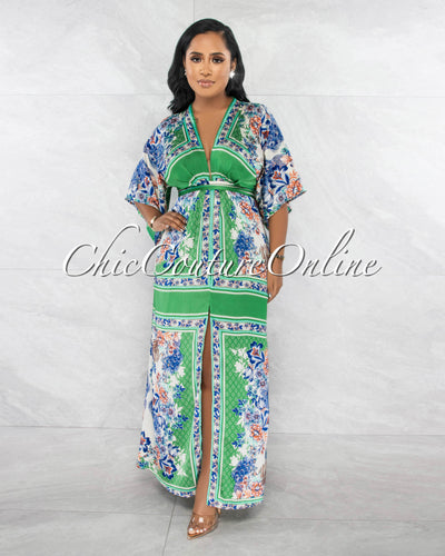 *Amabella Green Print Front Tie Kimono Maxi Silky Dress