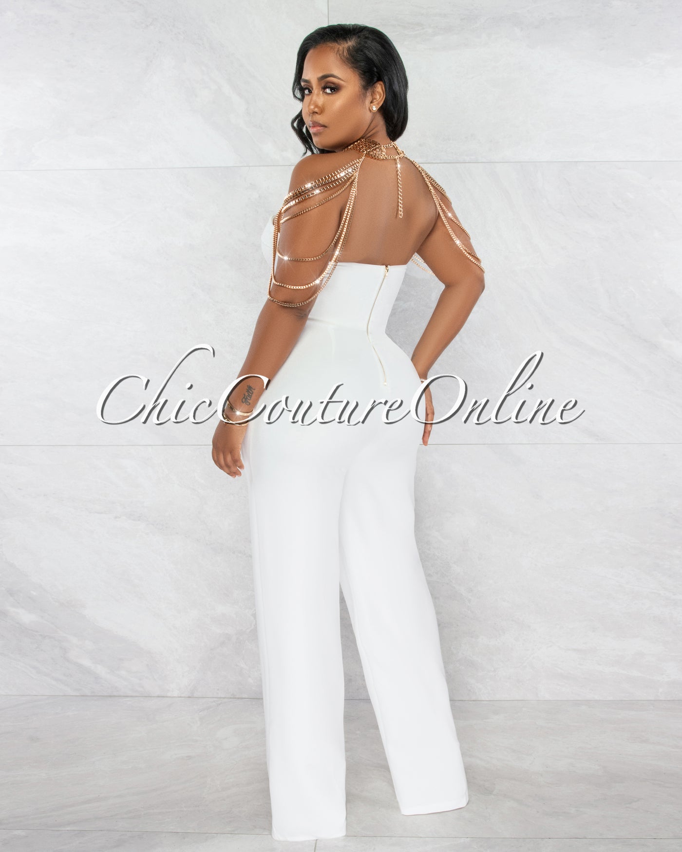 Gladwin Off-White Gold Collar Accent Strapless Jumpsuit