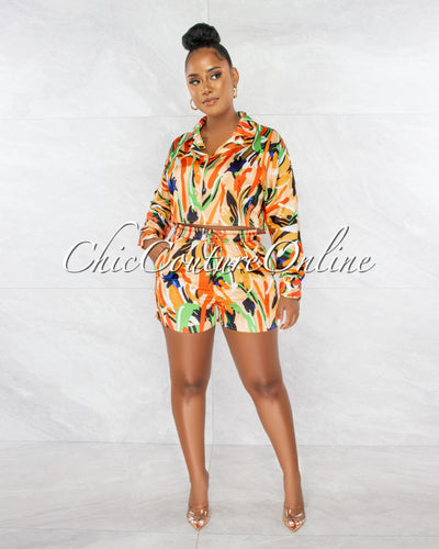 Maiva Orange Multi-Color Print Top & Shorts Pajama Silky Set