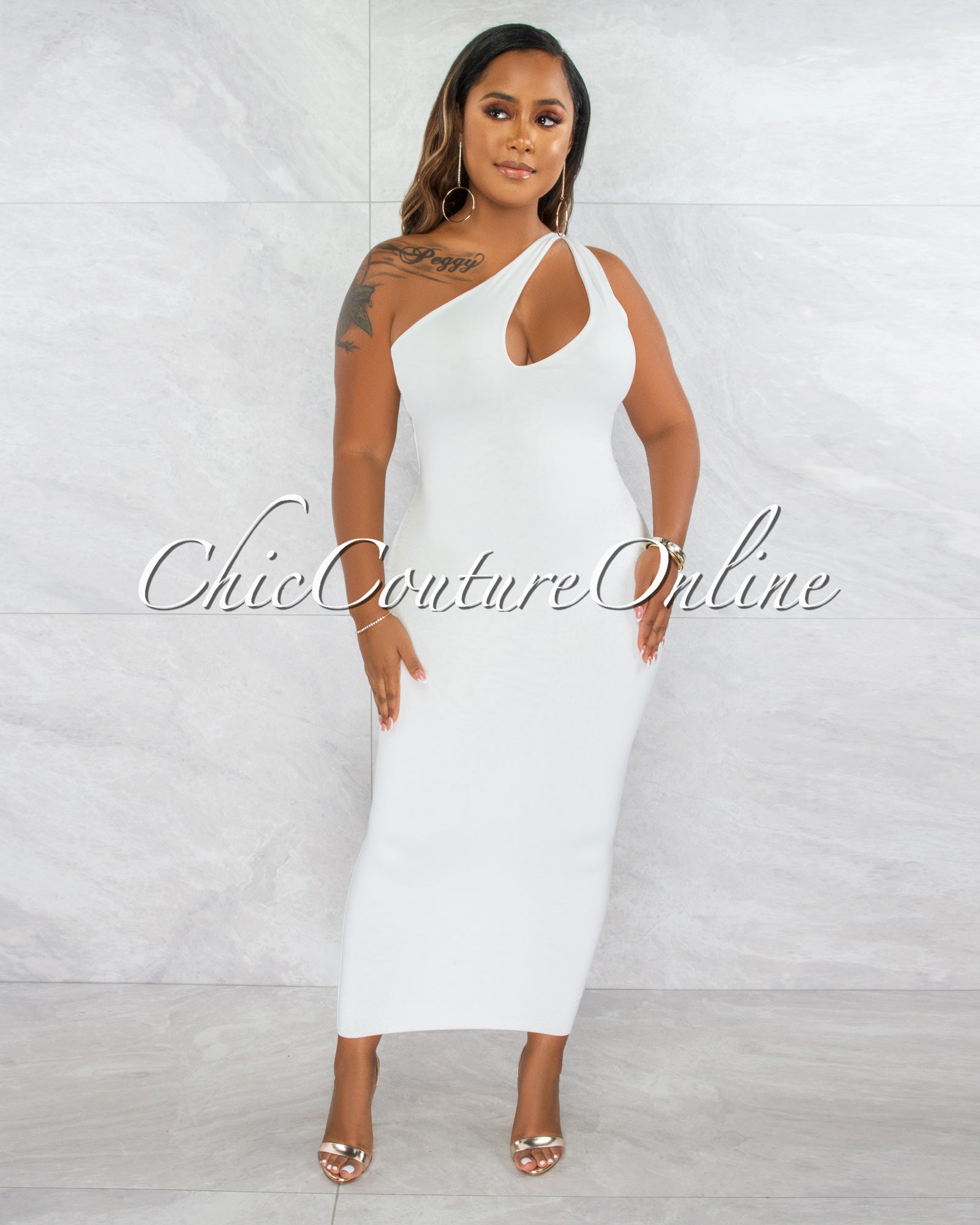 Facundo Off-White Single Shoulder Cut-Out Double Lined Maxi Dress
