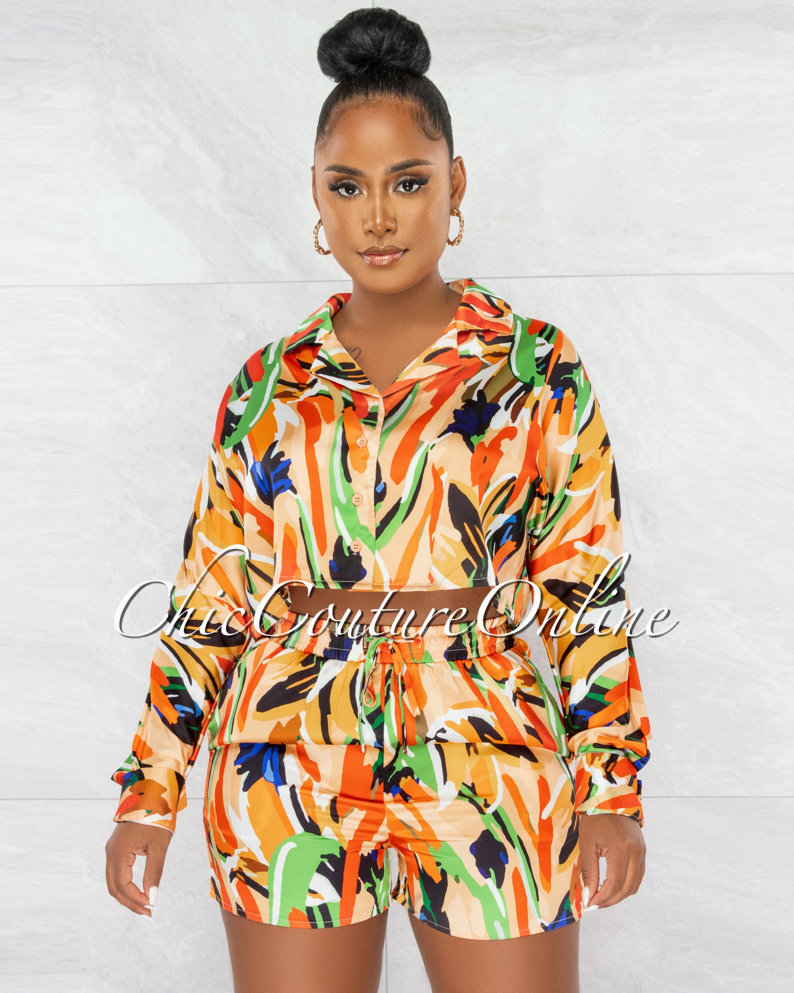 *Maiva Orange Multi-Color Print Top & Shorts Pajama Silky Set