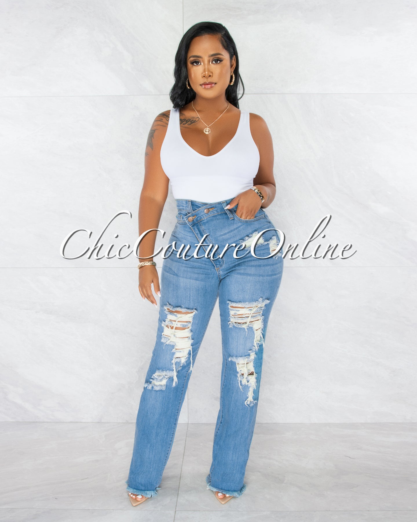*Herra Medium Blue Denim Destroyed Boyfriend Jeans